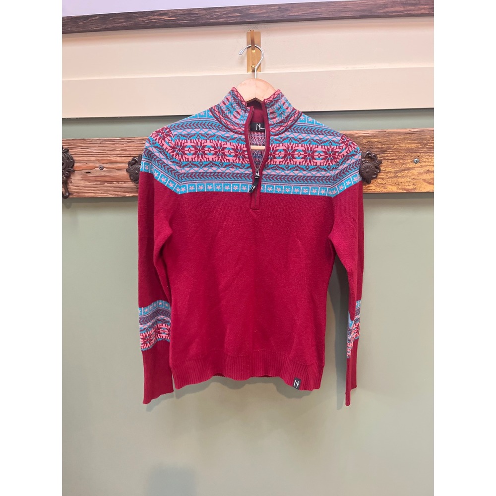 Neve Womens Merino Wool Blend Quarter Zip Fair Isle Nordic Sweater Red Small